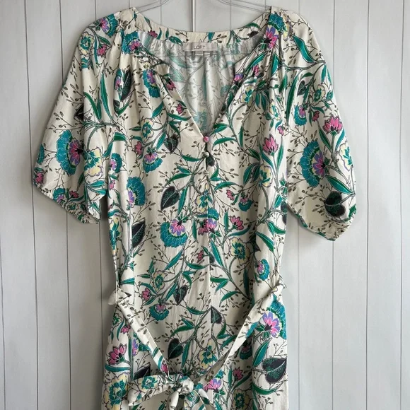 LOFT size L puff sleeve midi dress linen blend beige floral belted split neck - Picture 4 of 16